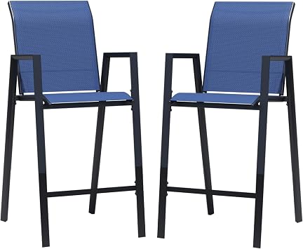 Outdoor Bar Stools Set of 2, Bar Height Patio Chairs with High Back & Armrest, All-Weather Bar Height Furniture for Balcony, Counter and Pool, Blue