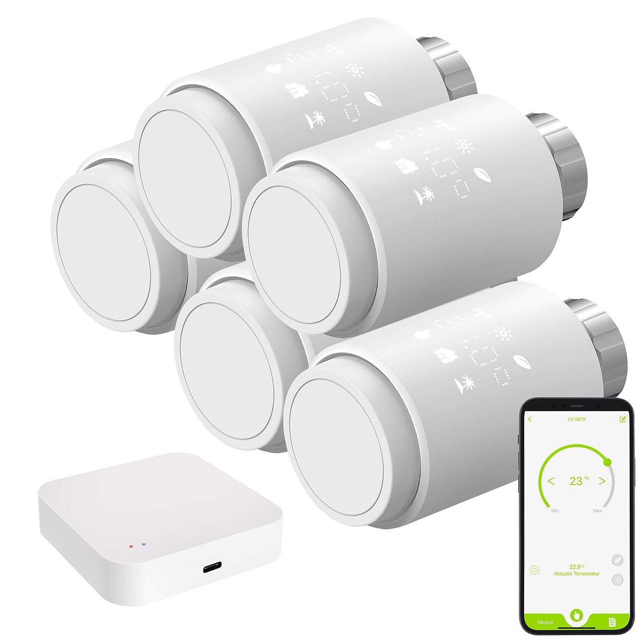 revolt ZigBee Thermostat: 5er-Set smarte Heizkörperthermostate mit Display, App, ZigBee-Gateway (Thermostat WLAN, WLAN Heizkörper, Heizung)