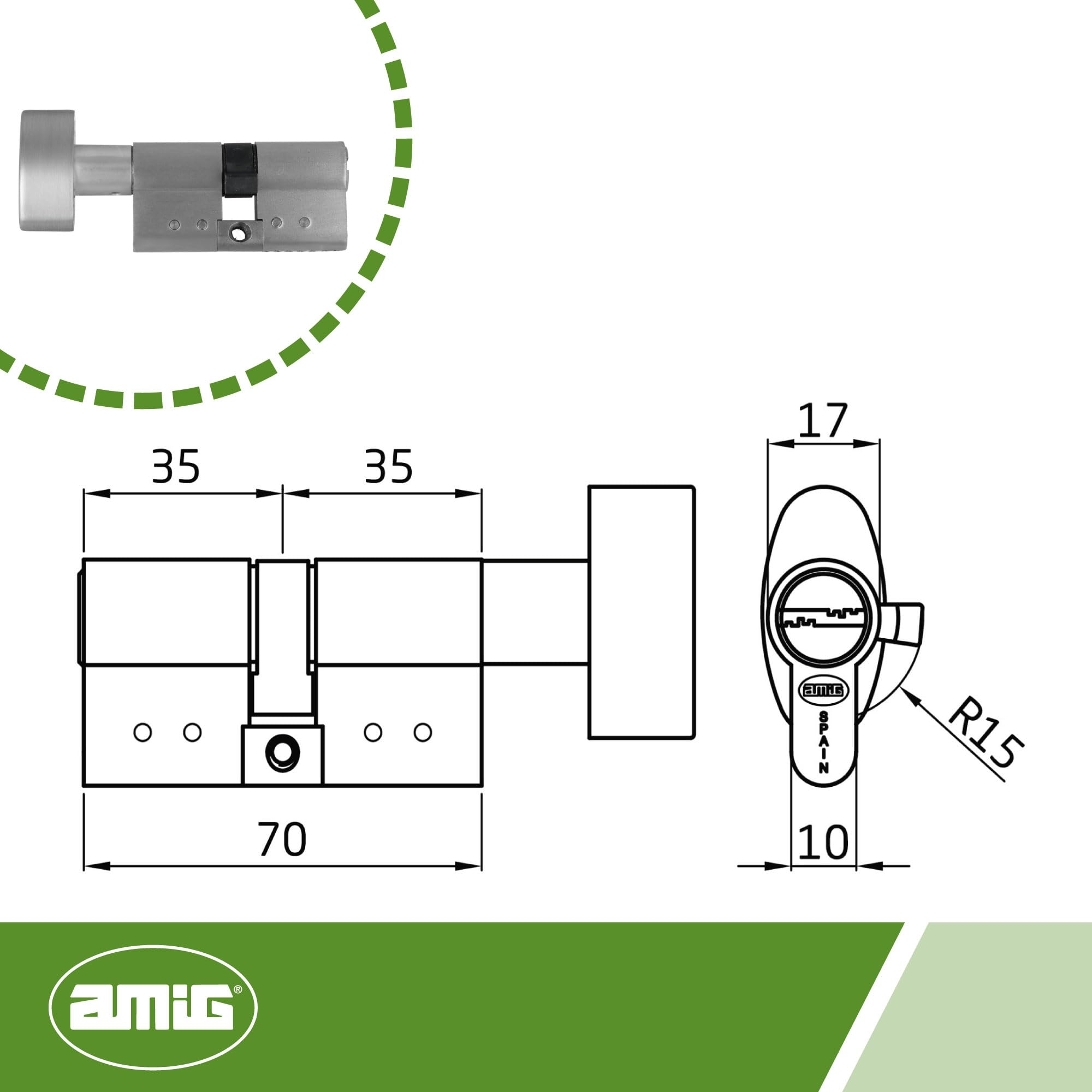 Amig - Cylindre de sécurité avec panneton | Serrure pour portes | Barillet de Haute Sécurité | Anti-crochetage et Anti-bumping | Inclut 5 clés | Chromé Mat | Dimensions : 70 (35-35 mm)