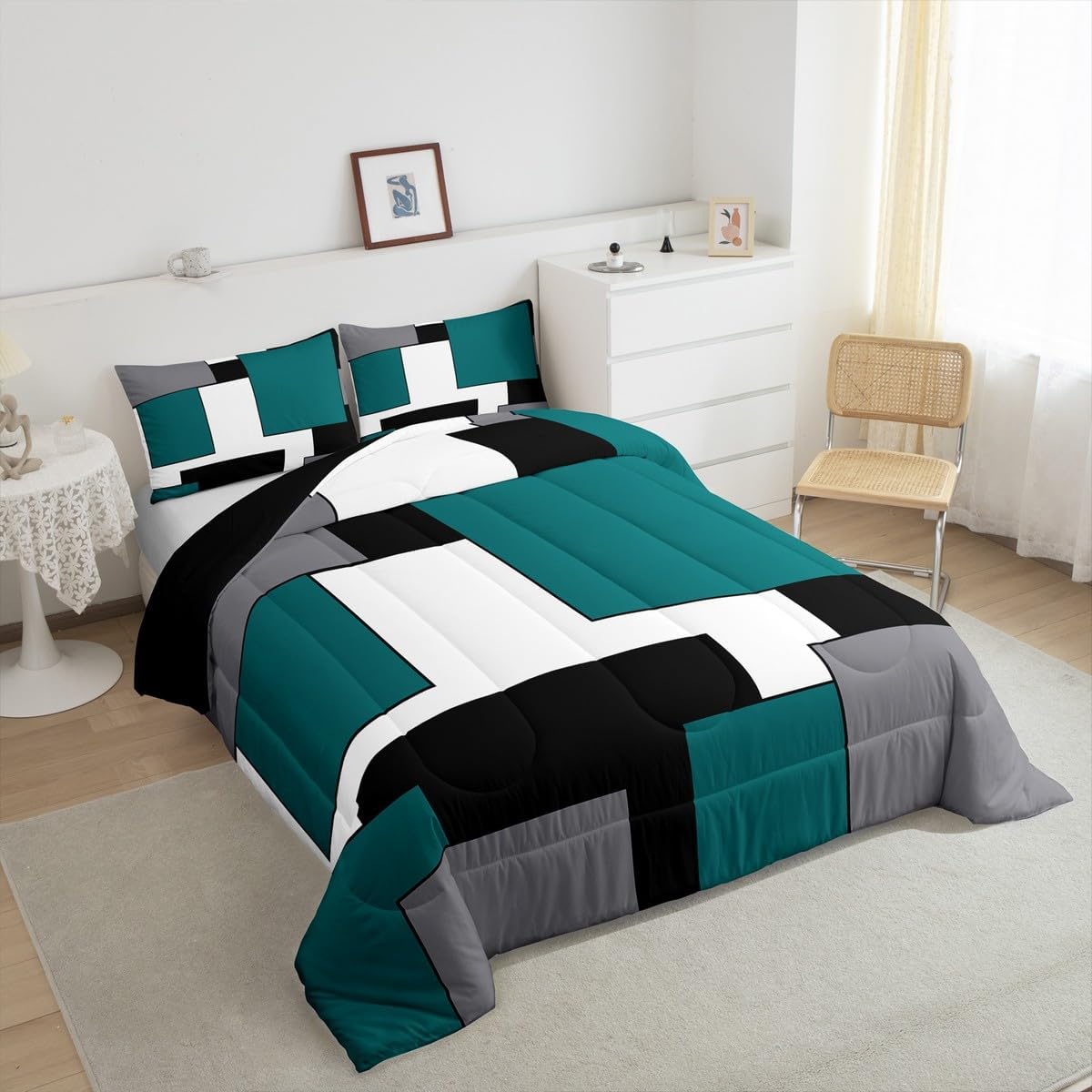 Erosebridal Grey White Indigo Black Comforter Set,Geometric Square Bedding Set for Kids Boys Girls All Season,Modern Grid Down Comforter Queen,Teens Simple Style Stripes Quilted Duvet Warm