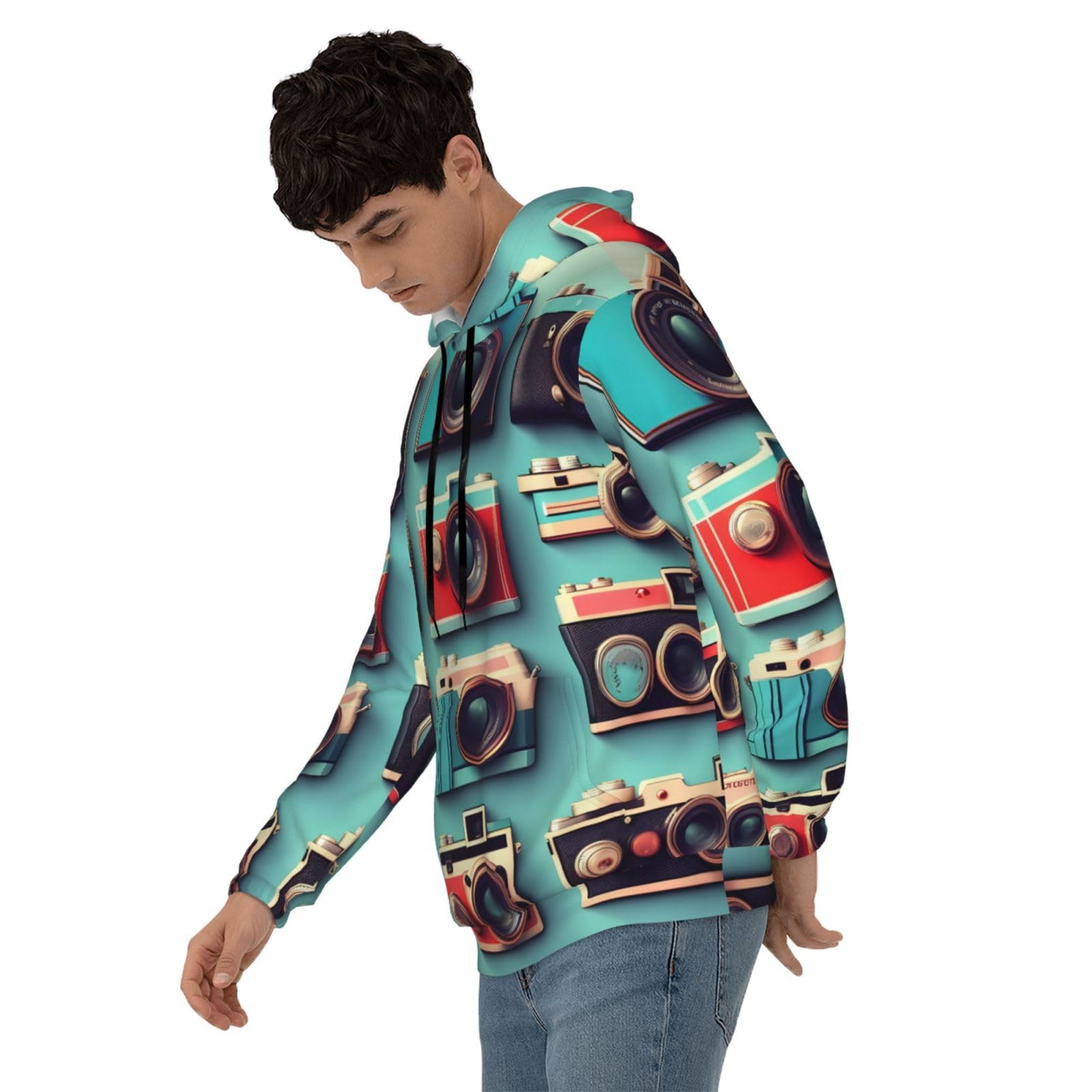 Męska bluza z kapturem w stylu retro fajna kolekcja aparatu, swobodny nadruk graficzny sweter z kapturem koszule z kieszenią