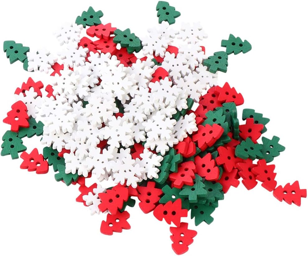 Exceart 150ピースクリスマス木製ボタンスノーフレーククリスマスツリー縫製ボタン盛り合わせホリデーボタン工芸品