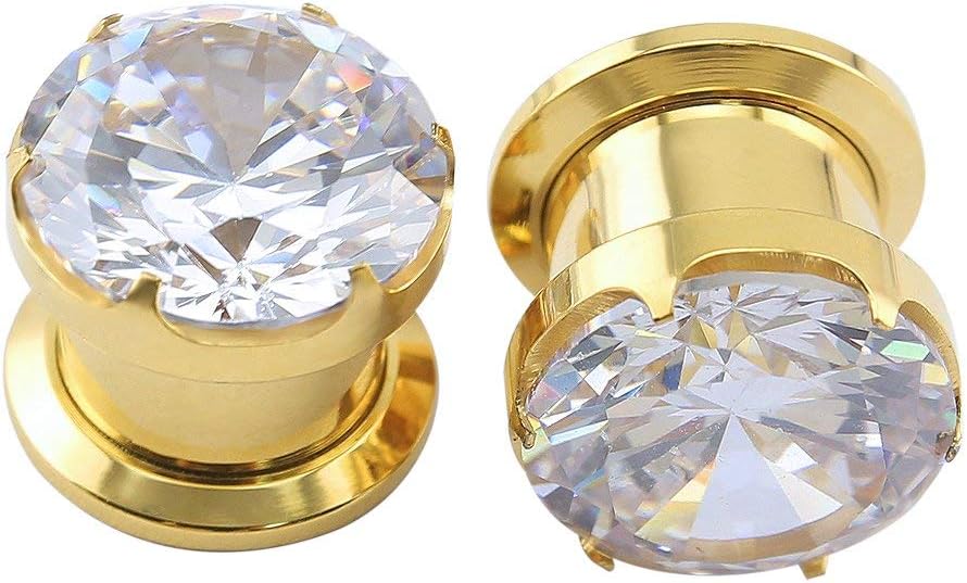ZSGorgeous Cubic Zirconia Tunnels Plugs 316L Stainless Steel Screw Tunnels Ear Expander Stretcher Piercing Ear Gauges Black Tunnel Gauges