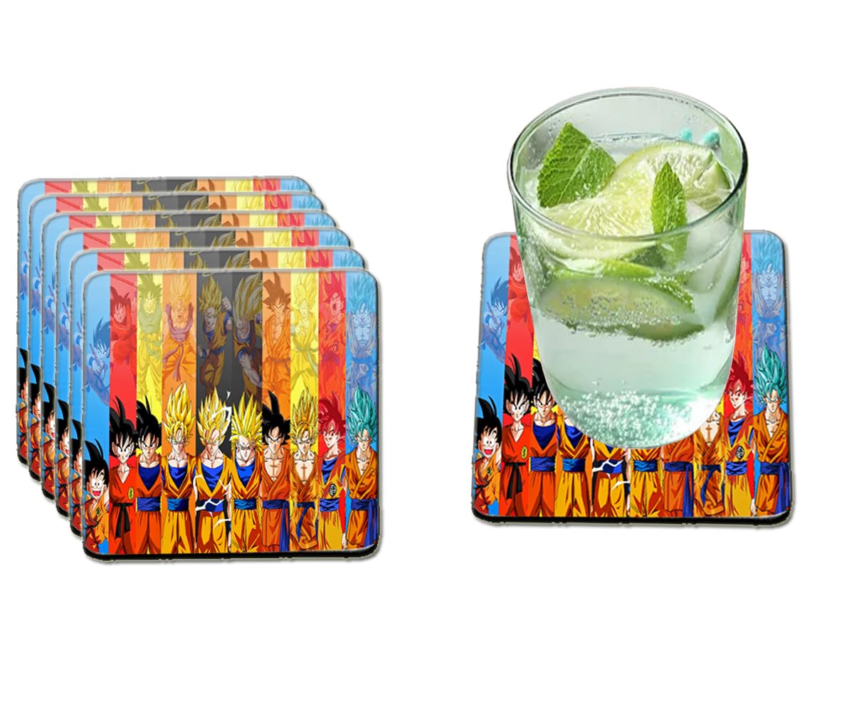 Charming Creations Tea Coaster - Coster Set for Dining Table Décor Accessories for Hot Pots - Coasters for Cups Set of 6 -Premium Finish, Goku Evolutions Printed Coaster