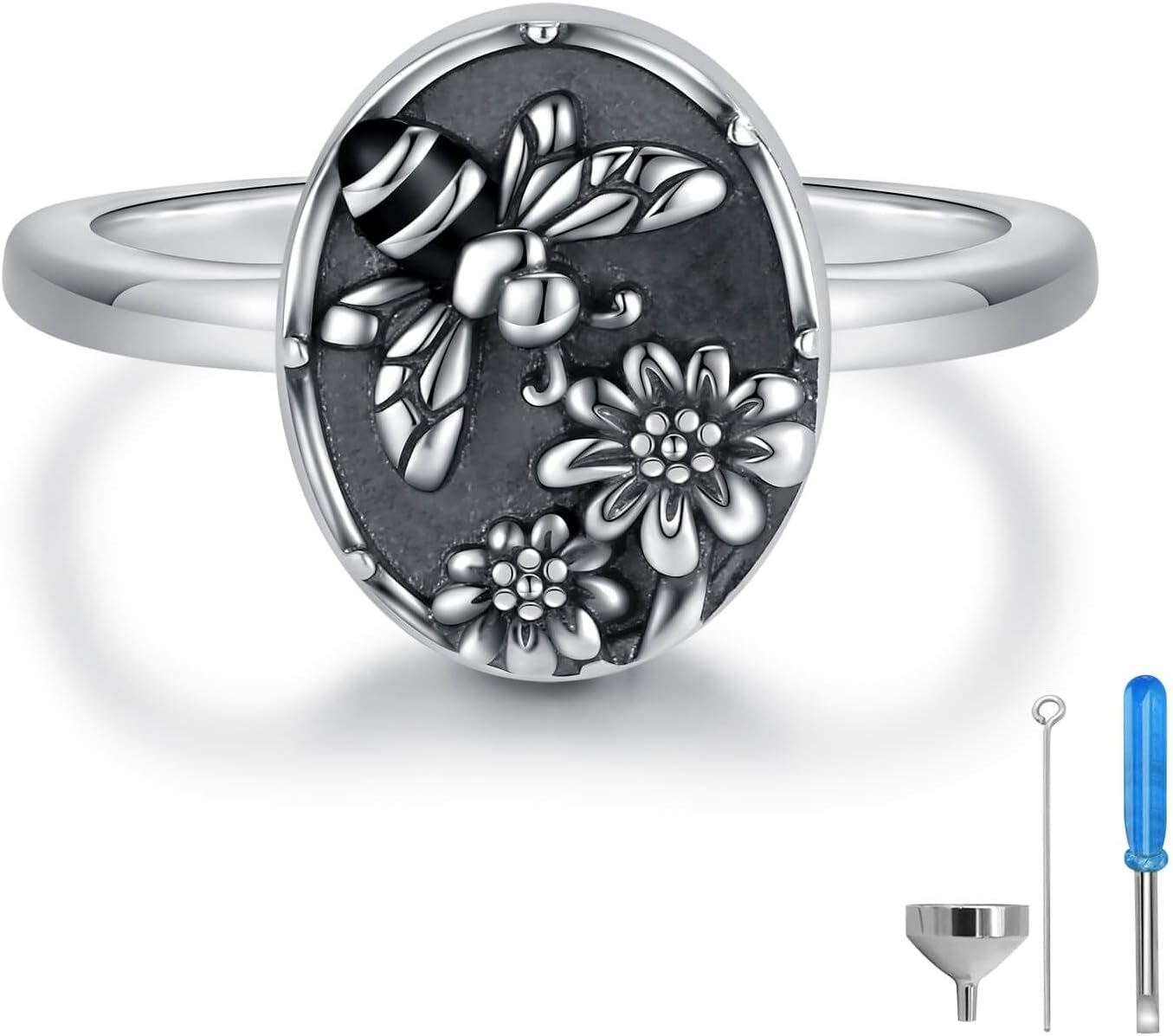 Urn Ring for Ashes 925 Sterling Silver - Cremation Rings Adjustable Oval Memorial Keepsake Jewelry Gifts for Women with W/Funnel Filler Tool