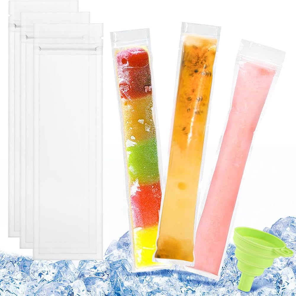 100 Pieces Disposable Popsicle Mould Bag, Popsicle Bag with Silicone Funnel with Zipper Seal for Healthy Snacks, Yoghurt, Ice Candy (28cm x 5.5cm)