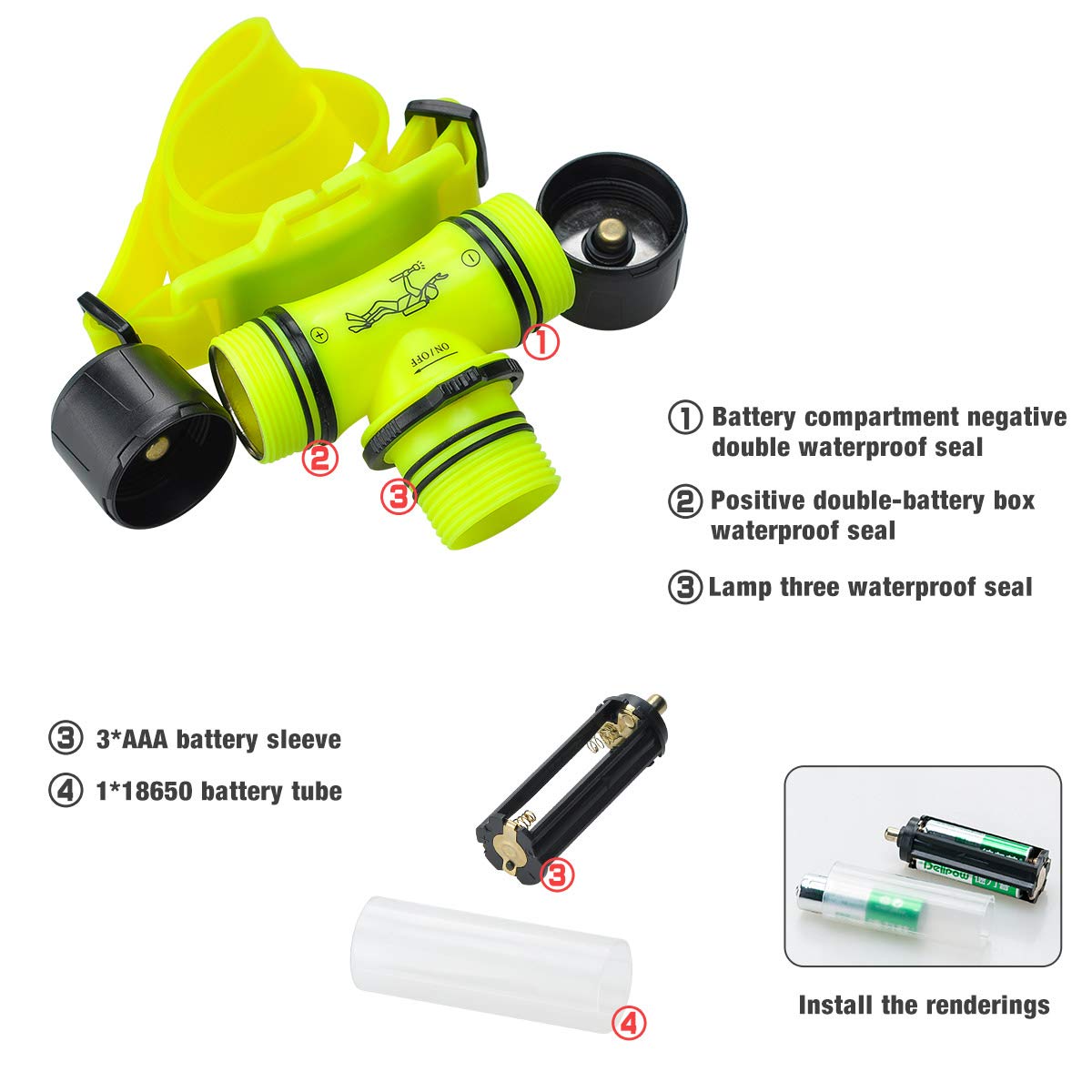 Lychee 5W Buceo Faro Super Brillante Submarino Faro Submarino Cabeza luz Impermeable LED Cabeza Linterna de Buceo, Deportes al Aire Libre, Senderismo, Camping, Pesca de Noche (Lámpara de Cabeza)