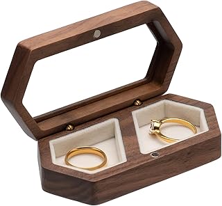 Holz-Hochzeits Ringschachtel - Rechteckige Ringbox für 2 Ringe Mit Transparentem Deckel - Walnuss Ehering Box für Verlobung, Geburtstag, Schmuck-Display