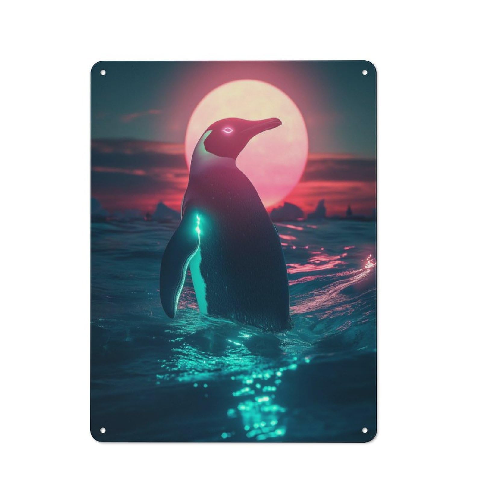 Junmoney Neon Penguin Sunset Metal Sign 40X30cm With For Hallway Wall, Vintage Decor, For Vintage Wall Decor Fans, For Themed Room Decoration