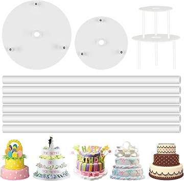 2 Tier Cake Separator Plates and 6 Pieces Pillars Set, Cake Dowels Rods for Tiered Cake Construction and Stacking16cm,18cm