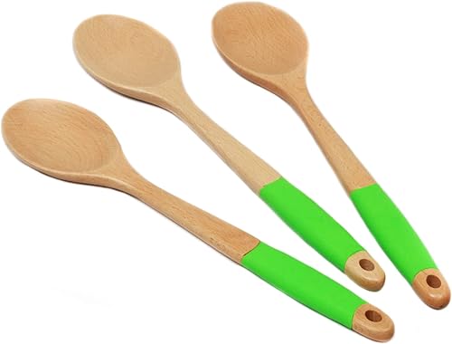 Chef Craft Juego de cucharas de madera con mango de silicona premium, 14 pulgadas, color verde