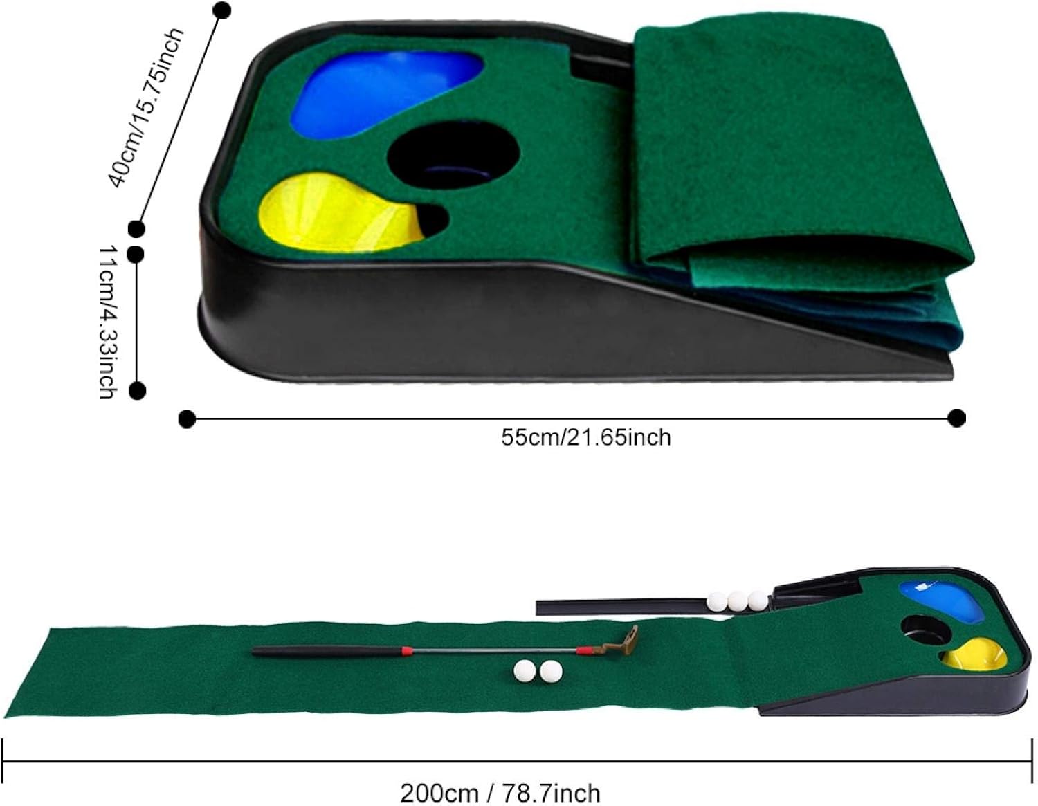 Golf Automatic Return Putting Mat, Children Portable Oudtoor Indoor 3 Golf Holes Golfing Practice Green Putting Mat Club Balls Kit