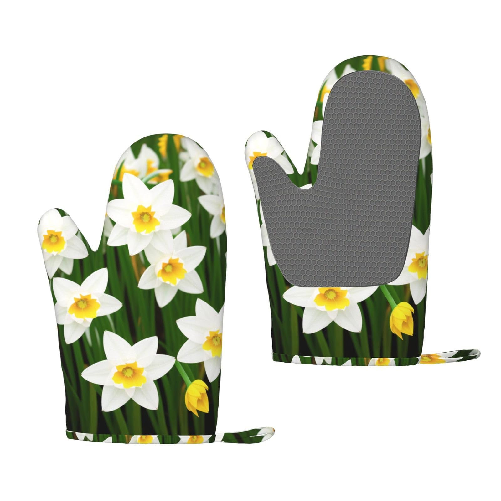 Narcissus Print Oven Mitts Sets,Kitchen Glove, Silica Gel Surface Safe for Baking, Cooking, BBQ,Cooks Gifts,Pack of 2