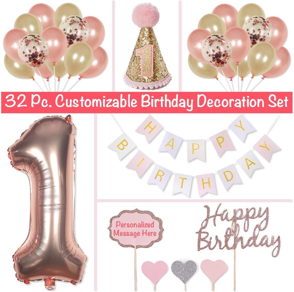 PapaKit 1st Birthday Party Decoration Kit - 32 Piece Set (Bunting Banner, Cake Toppers, Confetti, Foil and Assorted Balloons)
