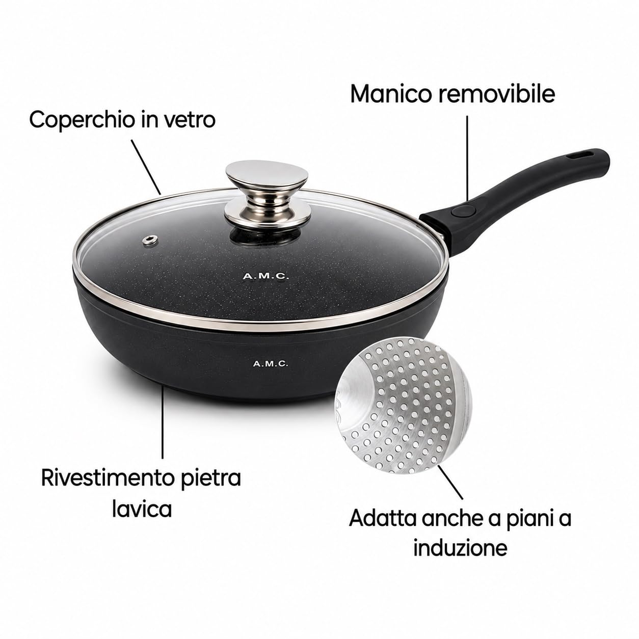 A.M.C. Set di Pentole 23 Pezzi Antiaderenti Batteria di Pentole e Padelle con Manici Rimovibili Coperchi in Vetro con Foro di Sfiato (NERO)
