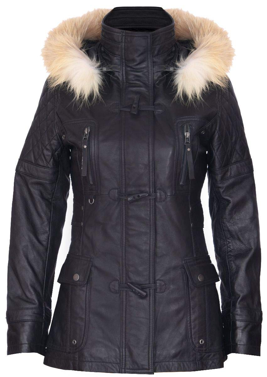 Infinity Leather Women's Black Quilted Leather Parka Jacket-Brussels In Size 18