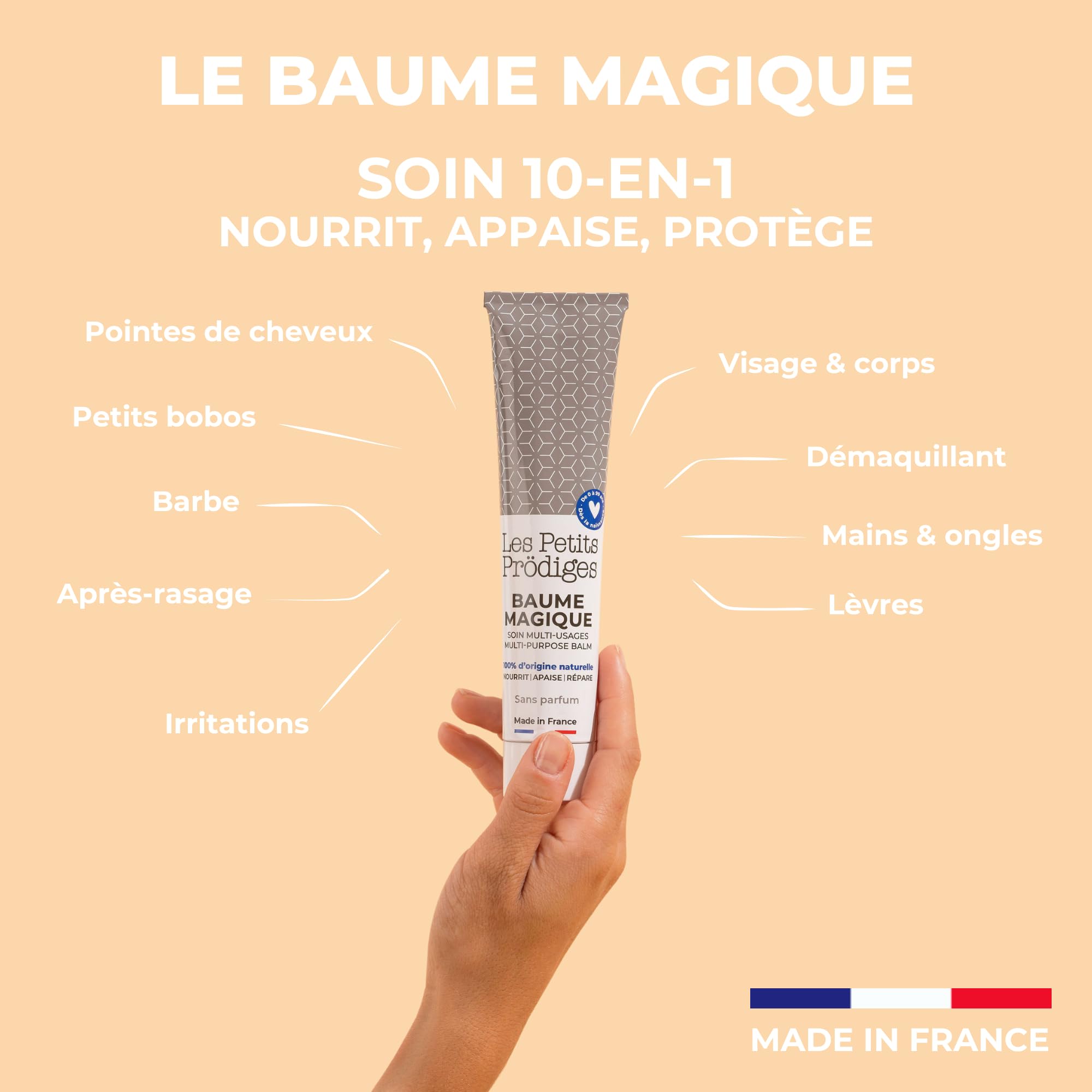 LES PETITS PRODIGES Baume Magique Multi Usages - Visage, Levres, Mains & Corps - Demaquillant, Soin Nourrissant & Réparateur, Cheveux - 100% Naturel - Fabriqué en France - Emballage Tube Recyclable