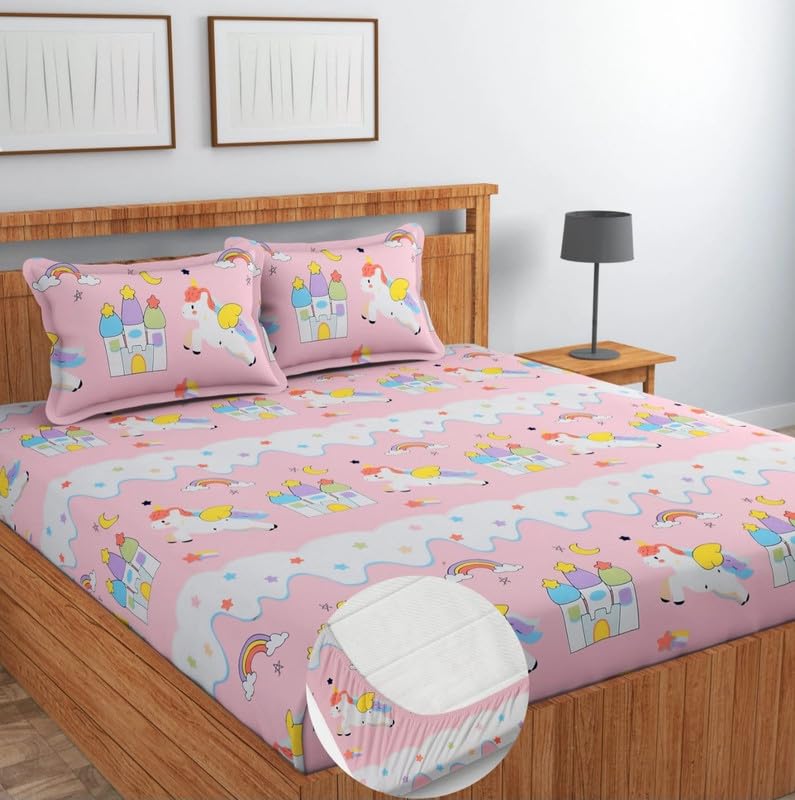 Image of NEW LEAF Cotton Fitted King Size Double Bedsheets with 2 Pillow Covers | Elastic Fitted | Wrinklefree | Ultrasoft |All Season Bedsheet 220 tc tc Floral | 78 x 72+8 Inches, Baby Pink