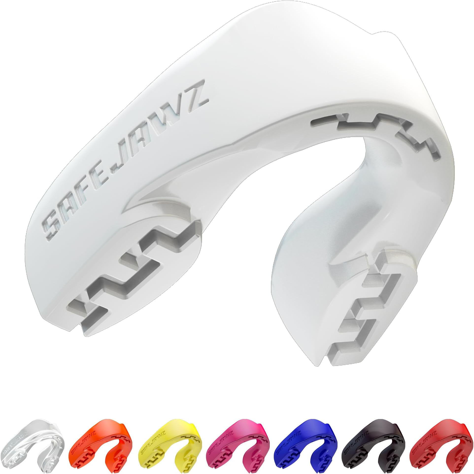 SAFEJAWZ Sports Mouthguard Slim Fit, Adult and Junior Mouth Guard with Case for Boxing, Basketball, Lacrosse, Football, MMA, Martial Arts, Hockey and All Contact Sports (Junior <11 Years, White)