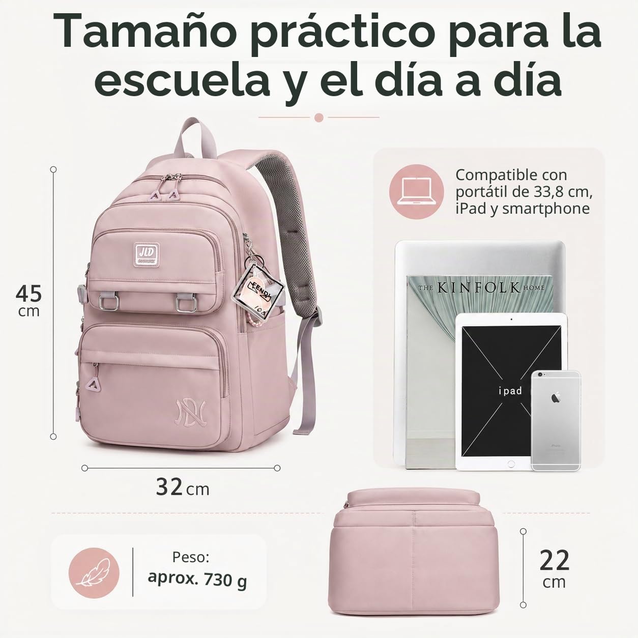 JANSBEN Mochilas Escolares Niña Niño Backpack Juveniles Adolescentes Impermeable Nylon Multi-Bolsillo 30L