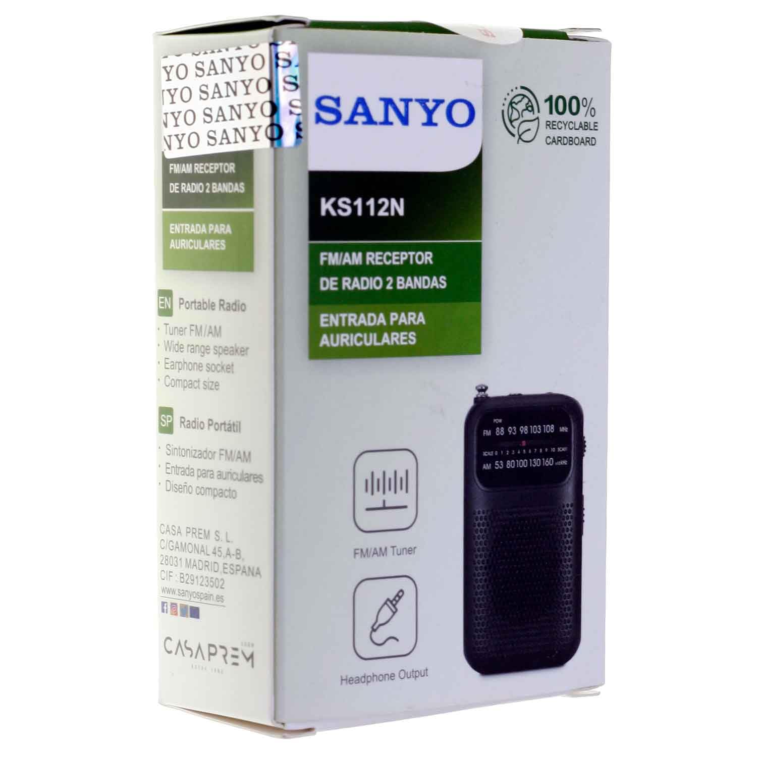SANYO KS112N Radio Analógica de Bolsillo Am/FM. Altavoz. Color Negro