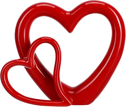 HOMSFOU Jarrón hidropónico, estatua de corazón rojo, estatua de corazón de cerámica, escultura de boda, aniversario, para escritorio, estante de