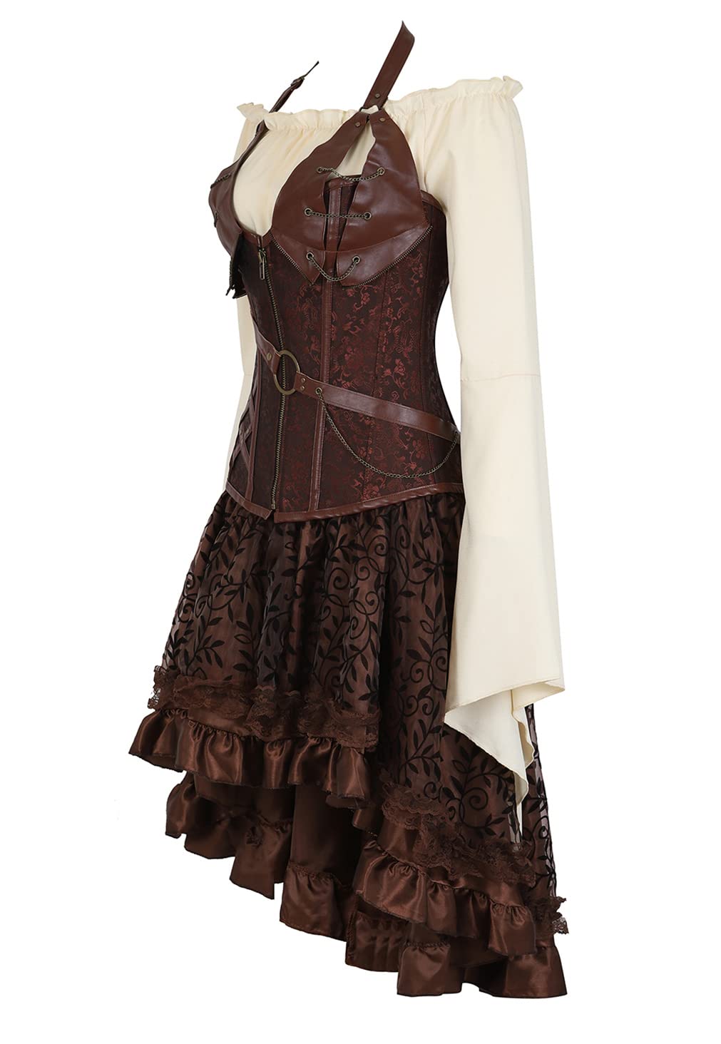Grebrafan Corset Femme Cuir avec Jupe Tulle et Chemisier Steampunk