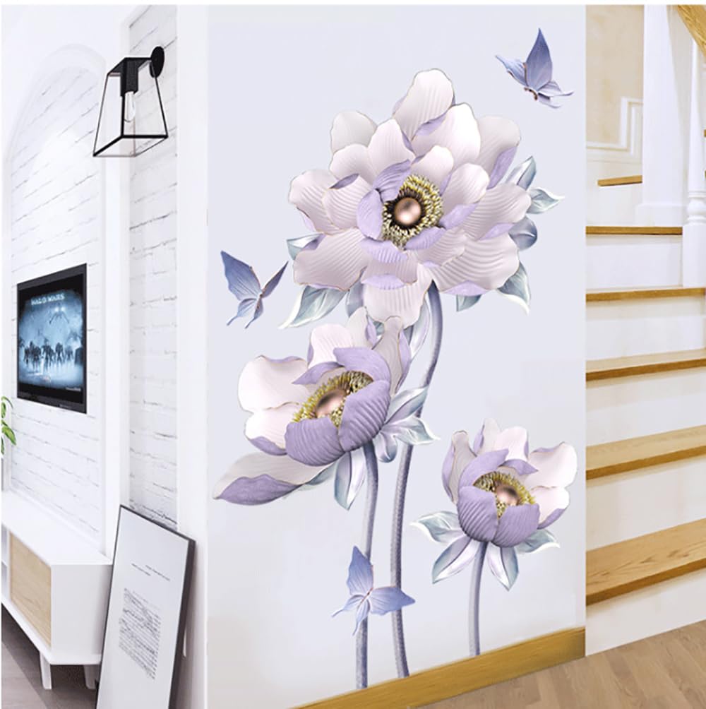 Runtoo 3D Flower Wall Art Stickers Purple Lotus Floral Wall Decals for Living Room Bedroom TV Background Wall Decor - Image 3