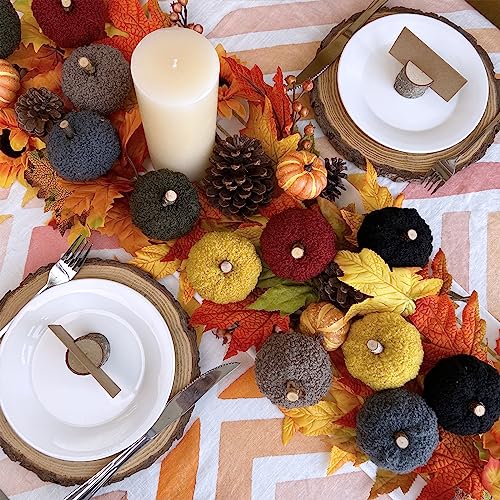 Image of Winlyn 12 Pcs Assorted Small Faux Sherpa Pumpkins Decorative Burgundy Yellow Olive Gray Taupe Black Fabric Foam Pumpkins for Farmhouse Fall Thanksgiving Halloween Table Centerpiece Decor