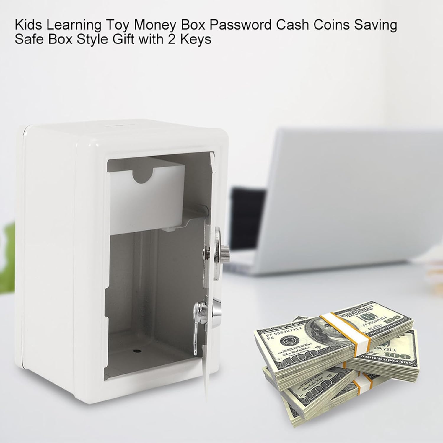 Oumefar Cash Box with 2 Keys, 18x12x10cm Kids Learning Toy Money Box Password Cash Saving Safe Case for Children Home School Office (White)