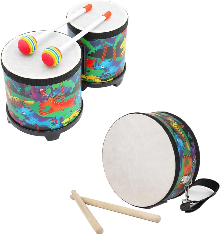 5"-6" Bongo Drum and Kids Drum with Strap: Toddler Musical Instrument for Ages 3-5, Wearable Drum Kit with Drumsticks, Educational Percussion Toy for Rhythm Music Development (Black and Black)