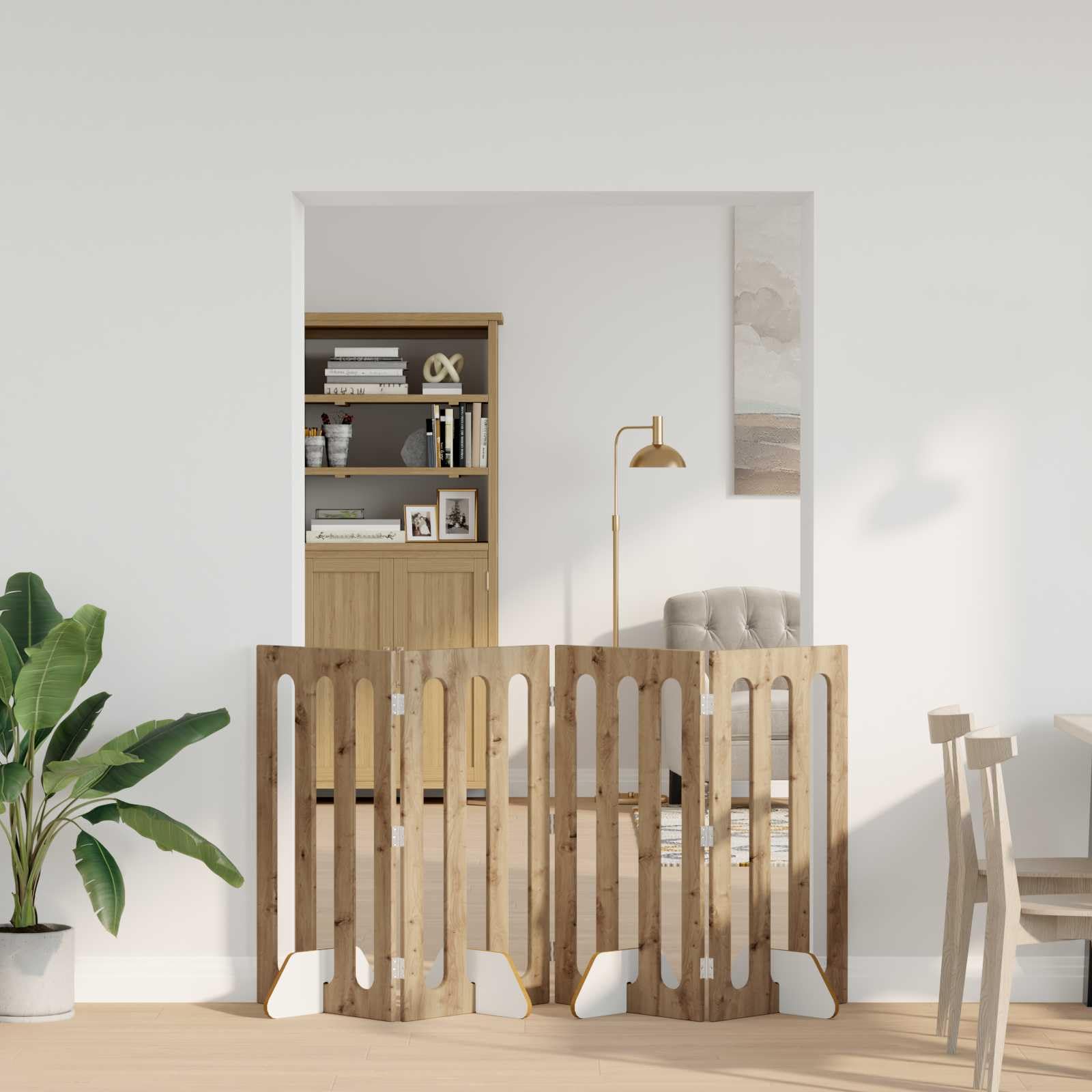 Valla plegable para mascotas de madera de roble Artisan, 201 x 38 x 90 cm, 4 piezas con paneles flexibles para interior, protección y seguridad para perros y cachorros