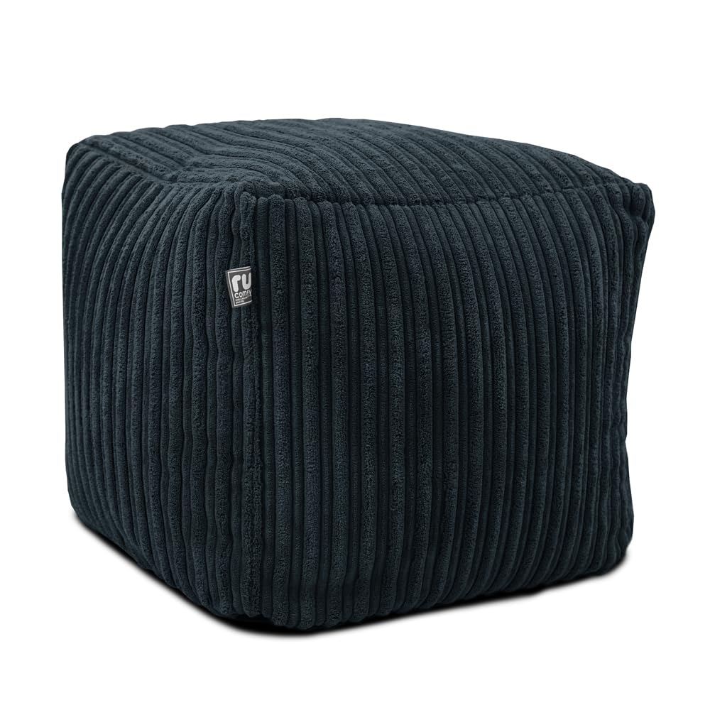 rucomfy Corduroy Cube Footstool - Machine Washable Bean Bag Pouffe for Living Room Footrests and Extra Lounge Seating - 38x38x38cm (Navy)