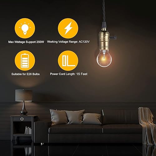 Miniatura 5 de Simple Deluxe Cable de luz colgante de 15 pies, enchufe E26 adecuado con interruptor, kit de luz colgante de tela negra trenzada, para decoración