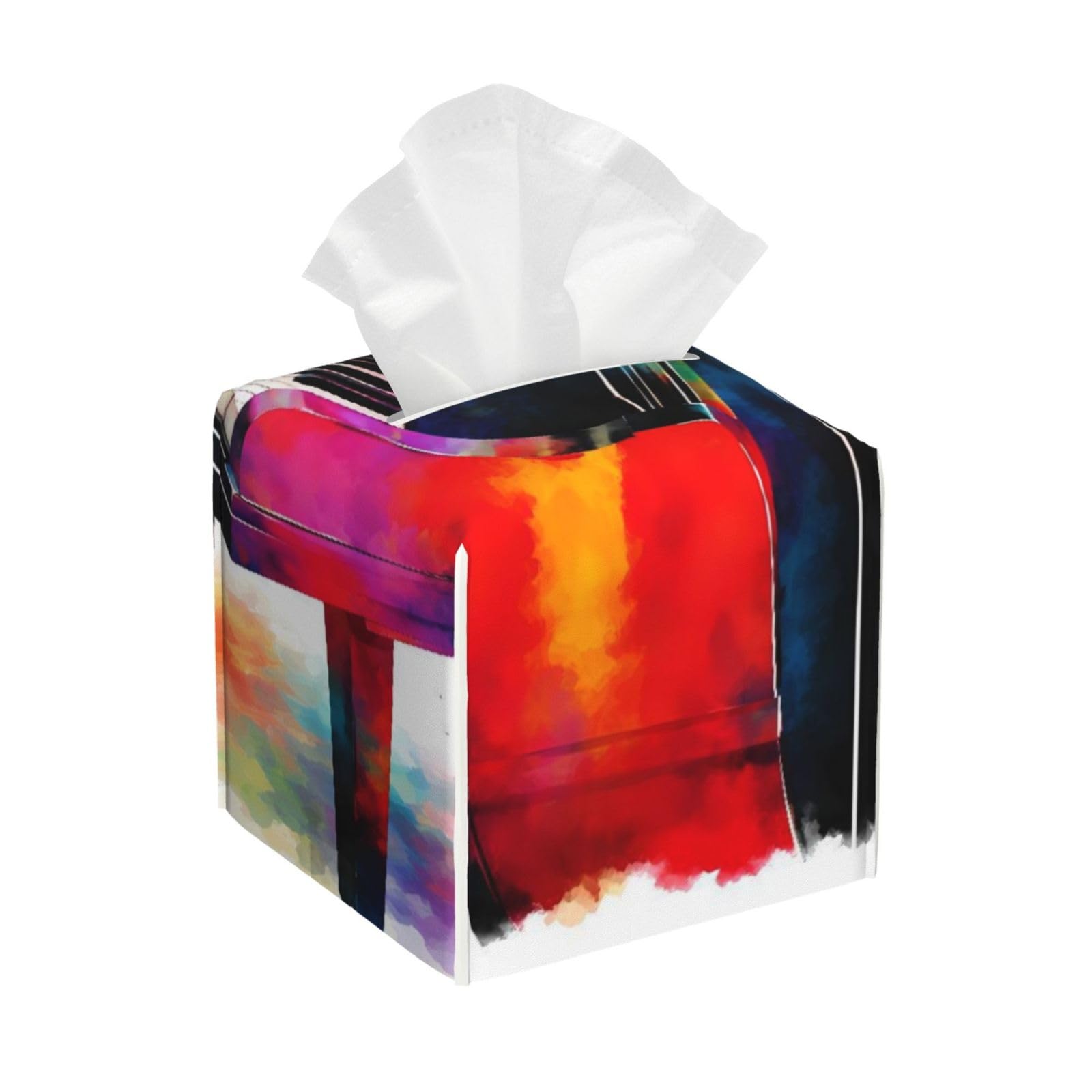 Colorful Piano Keyboard Music Leather Tissue Box Cover Holder Square Facial Paper Organizer 5.2" X 5.2" X 5.2"