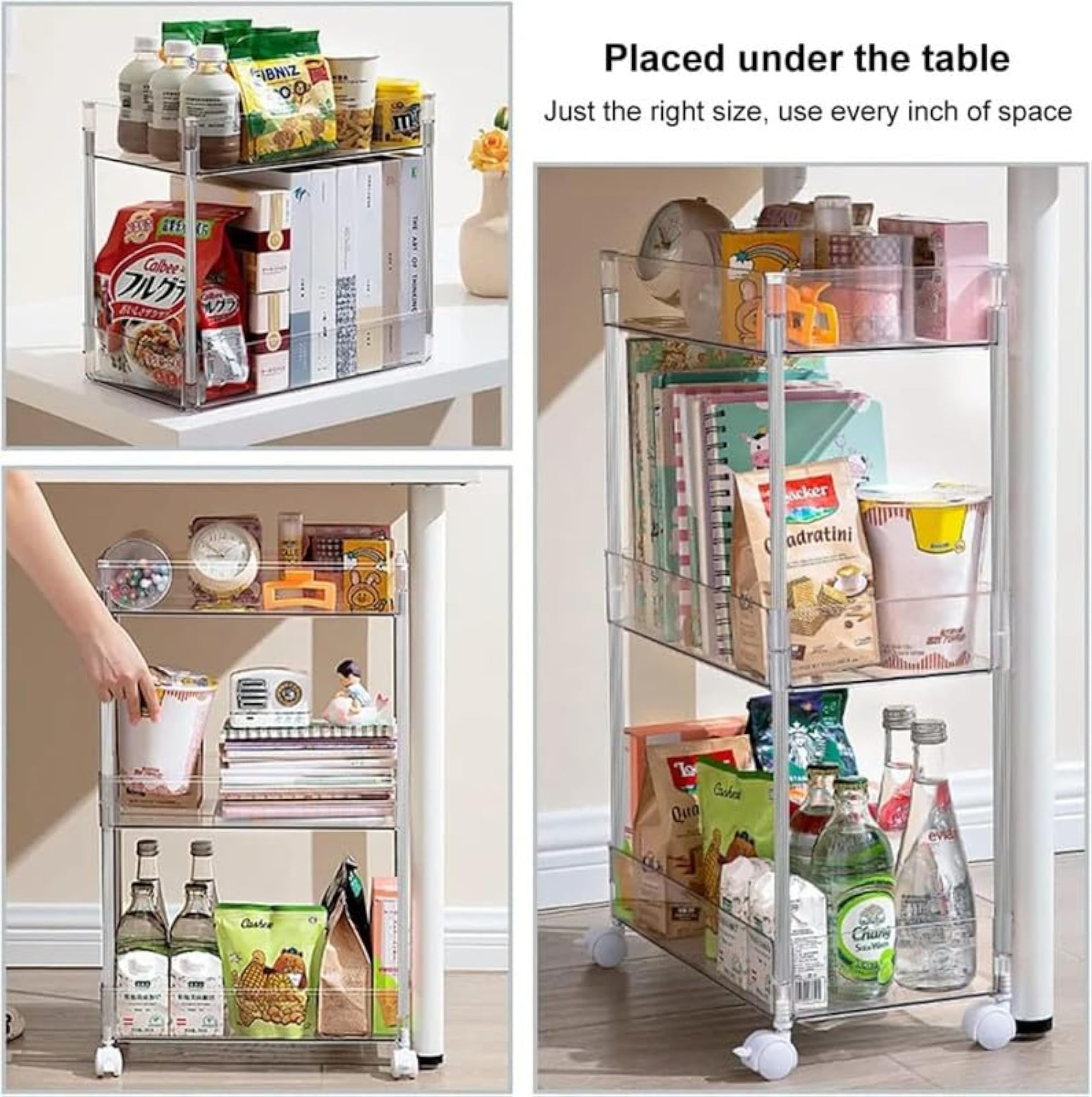 3 Tier Slim Trolley Rack with Wheels, Acrylic and Metal