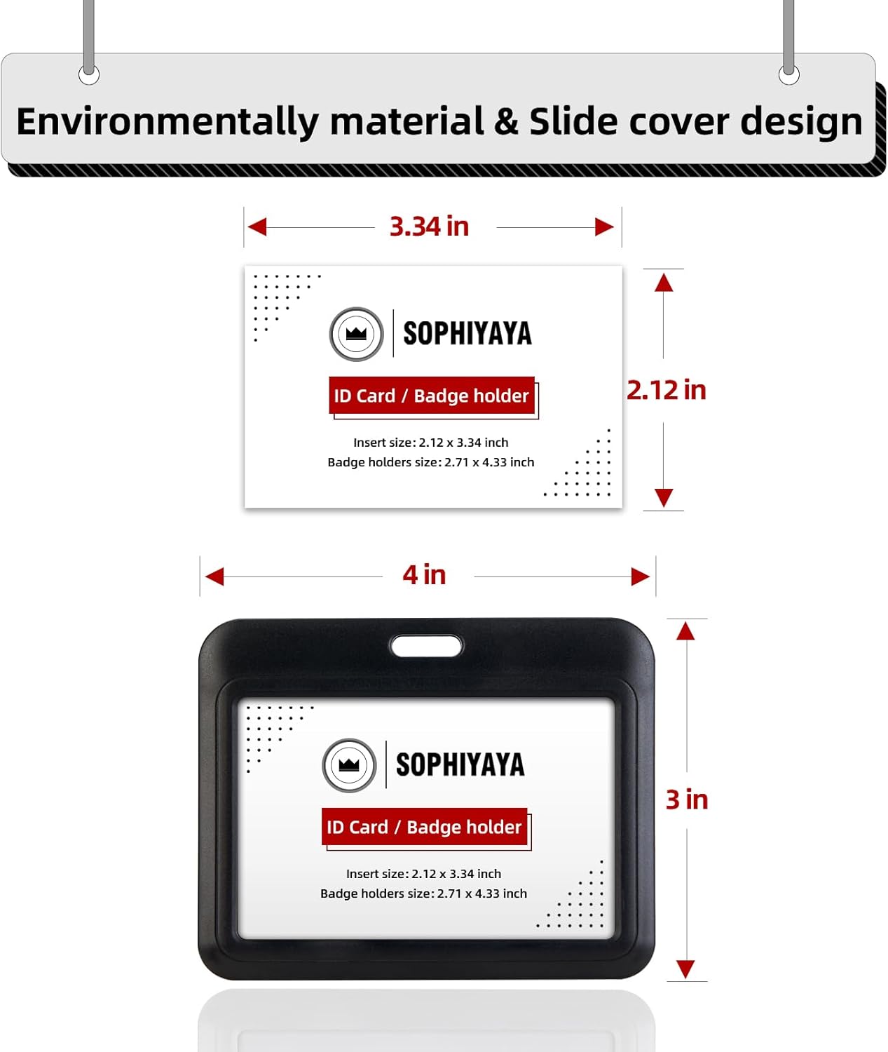 2 Pack Sliding Horizontal Badge Holder Hard Plastic Key Card Work Badge Sleeve for Office School Factory Teacher Student (Black) - Image 2