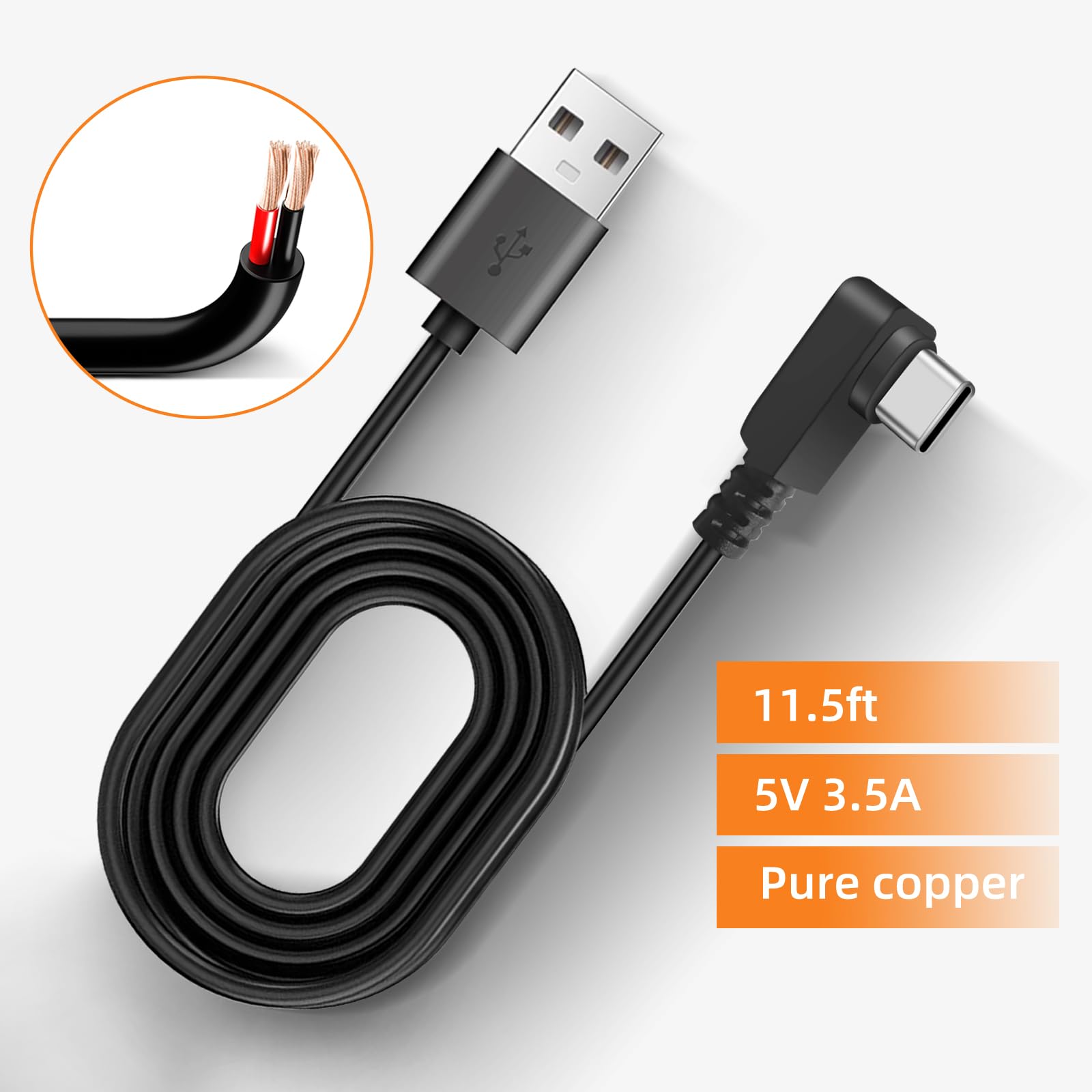LARRITS Thin USB C Dash Cam Cable 10ft, USB A To USB-C 90 Degree Angle Power & Data Cord, Type-C Charger Connector For Dashcam, Mirror Cam, Backup - View #3