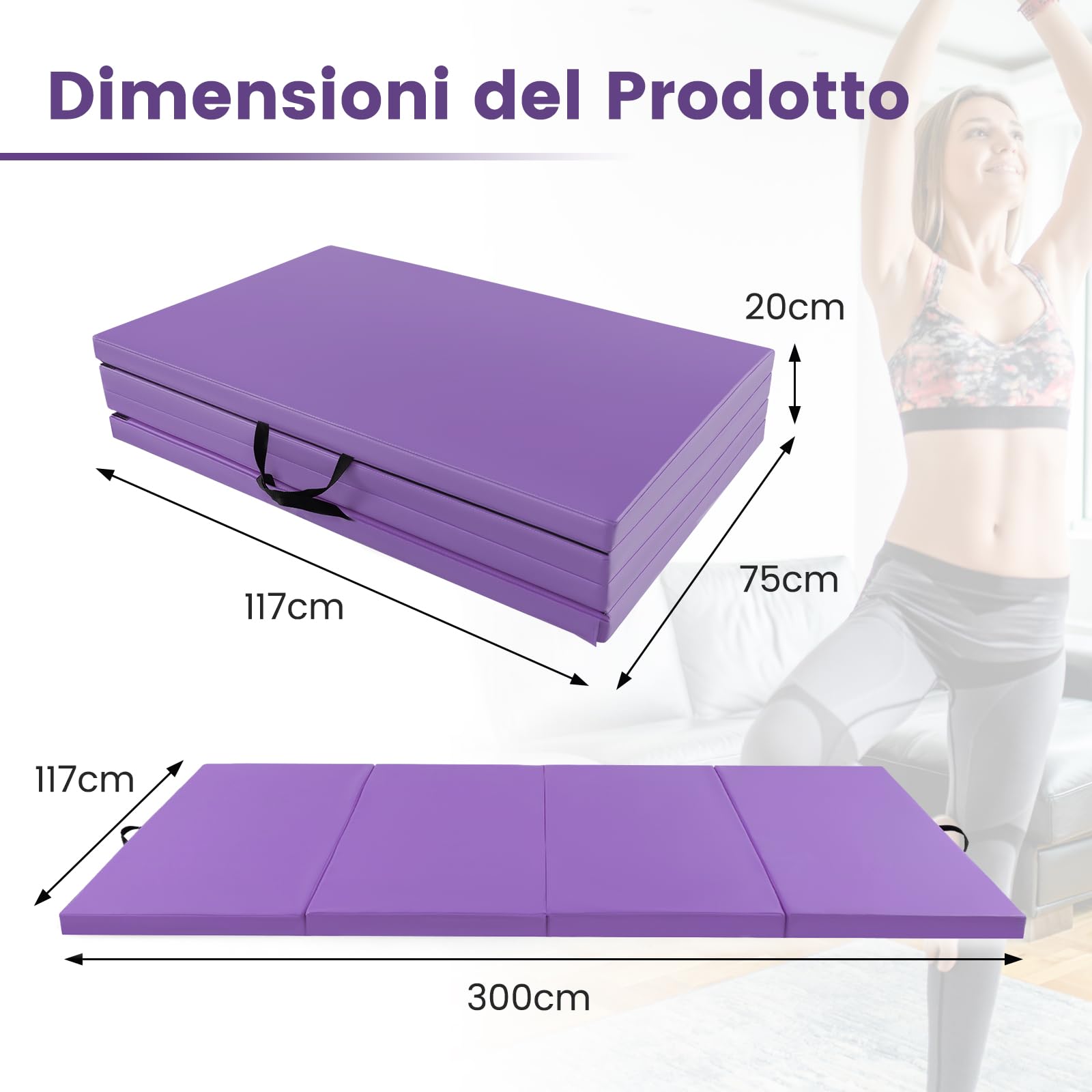 COSTWAY Tappetino Palestra Pieghevole a 4 Pannelli, Tappetino Ginnastica 300 x 117 x 5 CM con Maniglie e Chiusure a Strappo, per Ginnastica, Yoga e Stretching