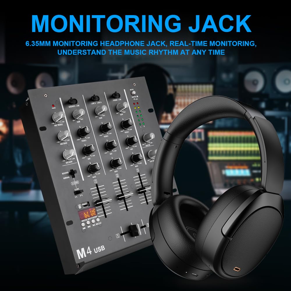 M4 4-Kanal DJ Mischpult (Schwarz), Audio Mixer mit Bluetooth & USB, Crossfader, 3-Band EQ, Gain-Regler & Cue-Monitor-Funktion - Professionelles Soundboard für Party, Club, Karaoke