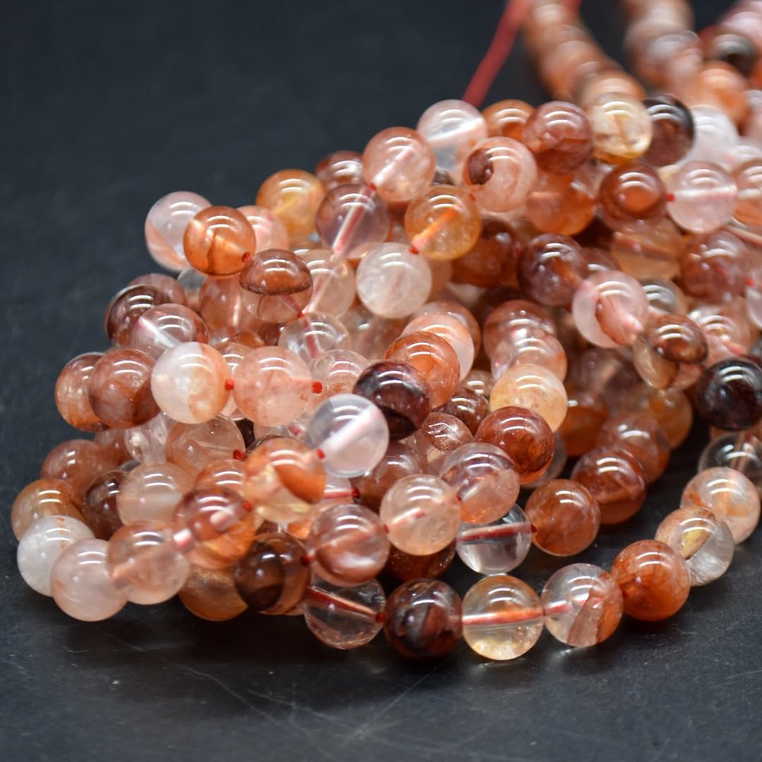 Red Hematoid Fire Quartz Crystal Semi-Precious Gemstone Round Beads - 8mm - 15'' Strand