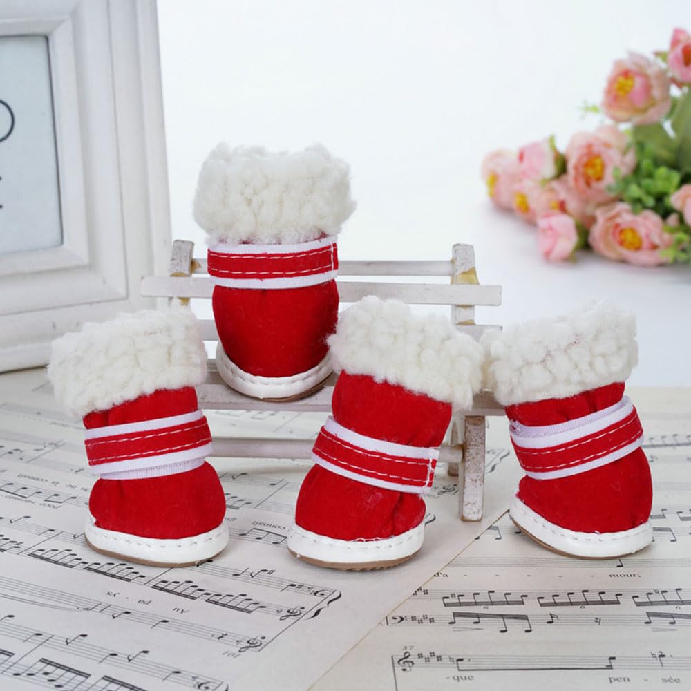 FANSU Dog Boots Dog Shoes Winter Dog Paw Protectors for Small Medium Dogs 4 Pieces Plush Dog Walking Boots Dogs Boots for Indoor Hardfloor Ourdoor Walking (5,Christmas Red)