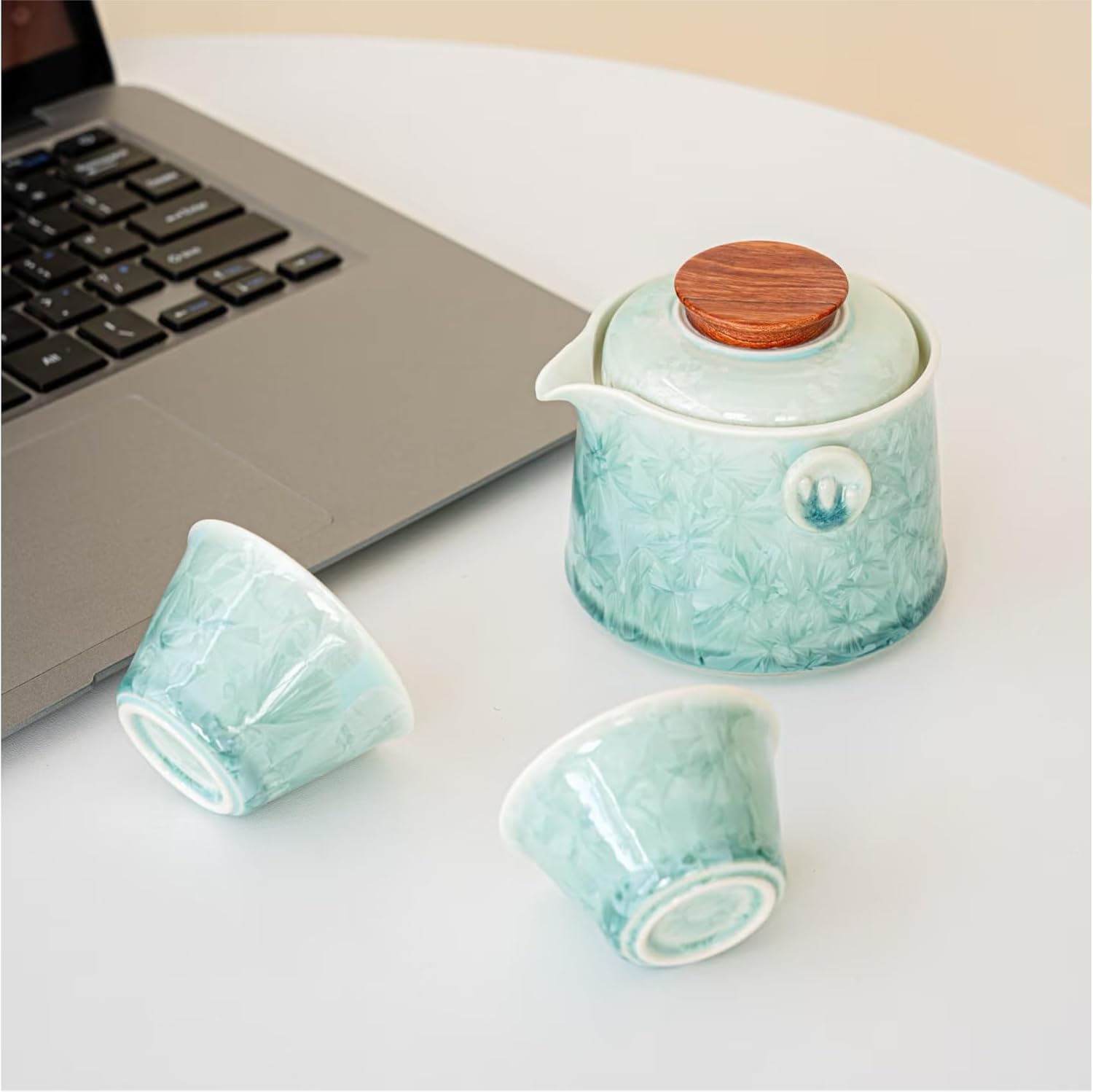 Hermit Life Chinese Travel Tea Set, Portable Ceramic Teapot for One to Two, Gongfu Tea Set with Crystal Glaze, 1 Pot 2 Cups, Gift for Tea Lovers (Mint Green) - Image 3