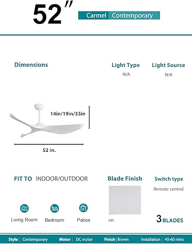 Miniatura 5 de Sofucor Ventilador de techo sin luz, 52 pulgadas de perfil bajo de montaje empotrado moderno ventilador de techo con control remoto para interiores,
