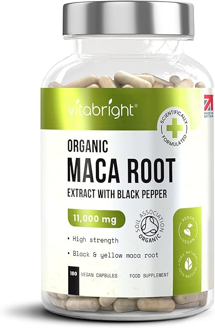 Organic Maca Root Capsules - 11000mg High Strength - 180 Capsules (3 Month Supply) - Premium Quality Black and Yellow Maca Extract - Black Pepper to Boost Absorption - Made in UK by VitaBright