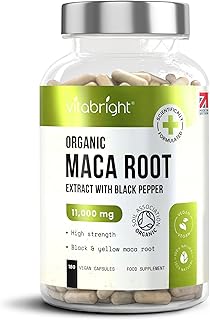 Organic Maca Root Capsules - 11000mg High Strength - 180 Capsules (3 Month Supply) - Premium Quality Black and Yellow Maca Extract - Black Pepper to Boost Absorption - Made in UK by VitaBright