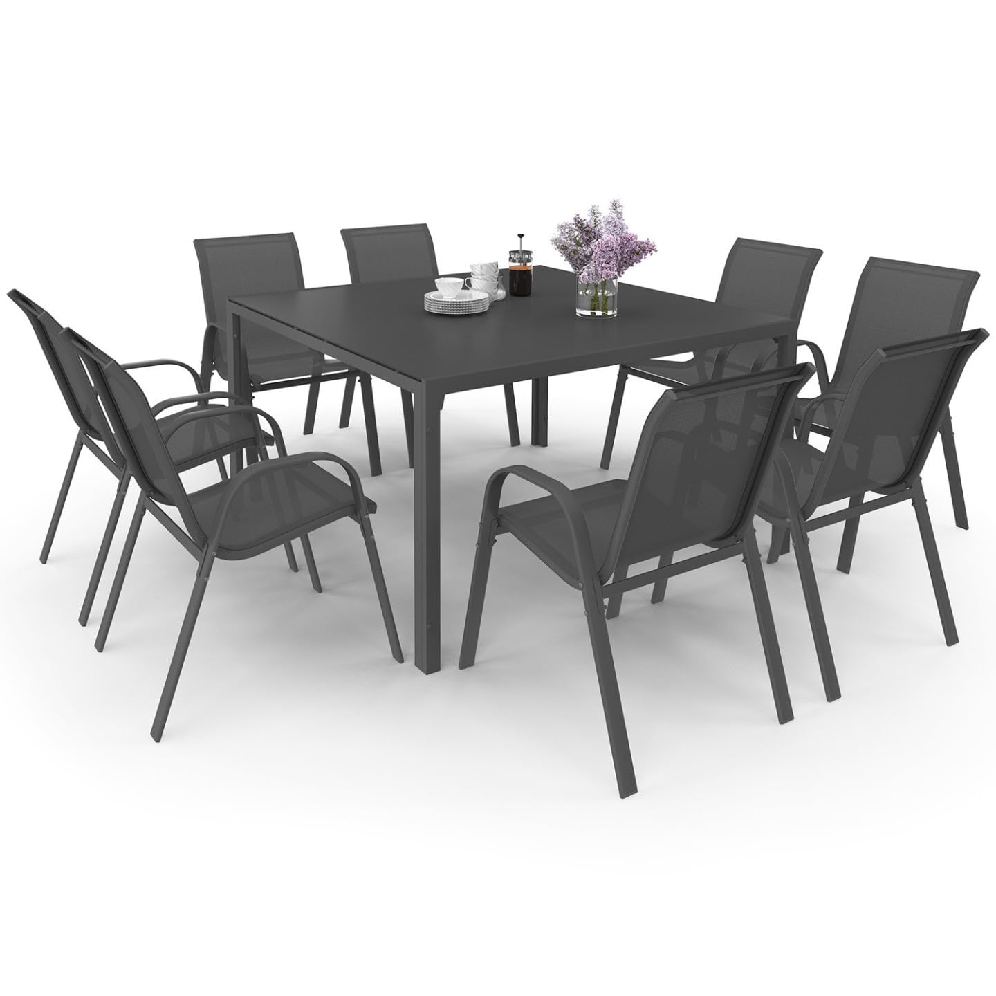 IDMarket - Salon de Jardin Madrid Table carrée 130 CM et 8 chaises empilables Gris Anthracite