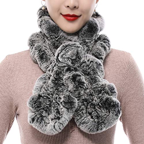 Valpeak Fur Scarves for Women Rabbit Fur Scarf Wrap Wave Cut Fur Neck Warmer Scarf for Winter Knitted Fuzzy Fluffy