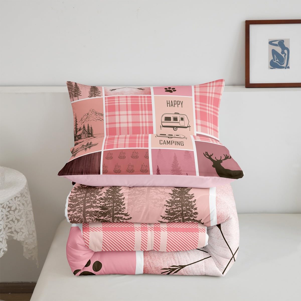 jejeloiu Camper Bedding Set Twin Size Kids Happy Camping Comforter Cover for Boys Girls Teens Vintage Pink Duvet Cover Breathable Soft Lightweight Microfiber Quilt Set