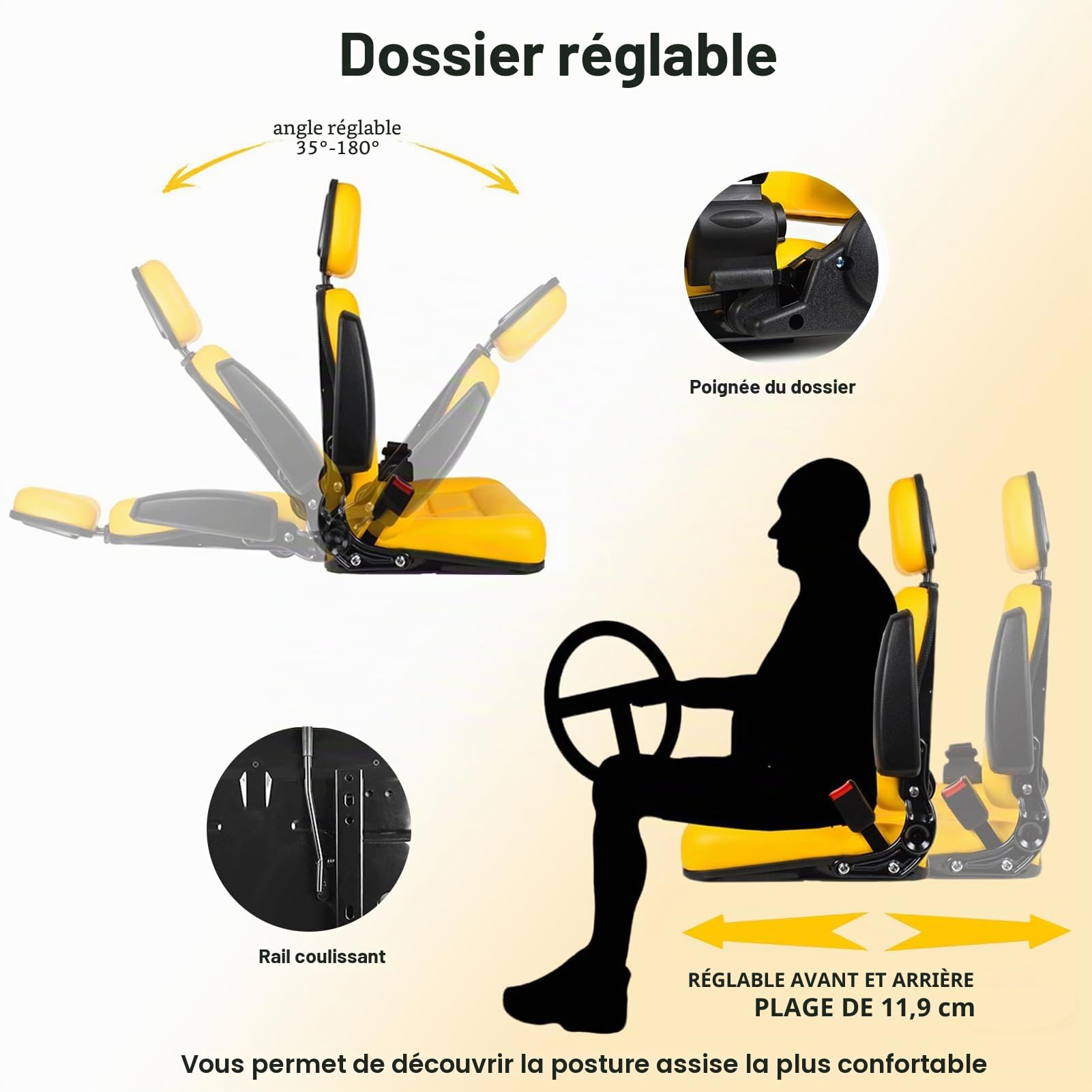 siège de chariot élévateur universel avec dossier réglable, tracteur en PVC avec ceinture de sécurité auto-rebondissante, tondeuse à gazon jaune avec appui-tête